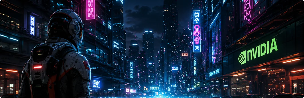 Een futuristische gamescène bij nacht, waarin een spelpersonage door een met neon verlichte stad loopt met NVIDIA-logo’s.